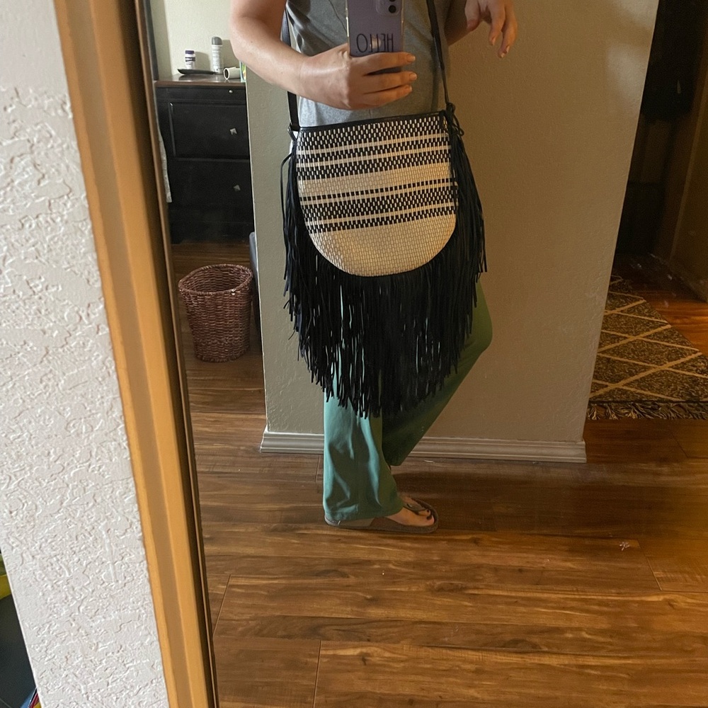 Tory Burch Blue and White Crossbody Bag with Fringe